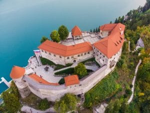 Aerial view of Bled Castle overlooking Lake Bled in Slovenia