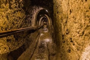 Historic underground tunnel inside Idrija Mercury Mine in Slovenia