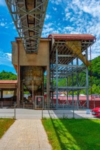 Historic industrial structures at the Idrija Mercury Smelting Plant in Slovenia