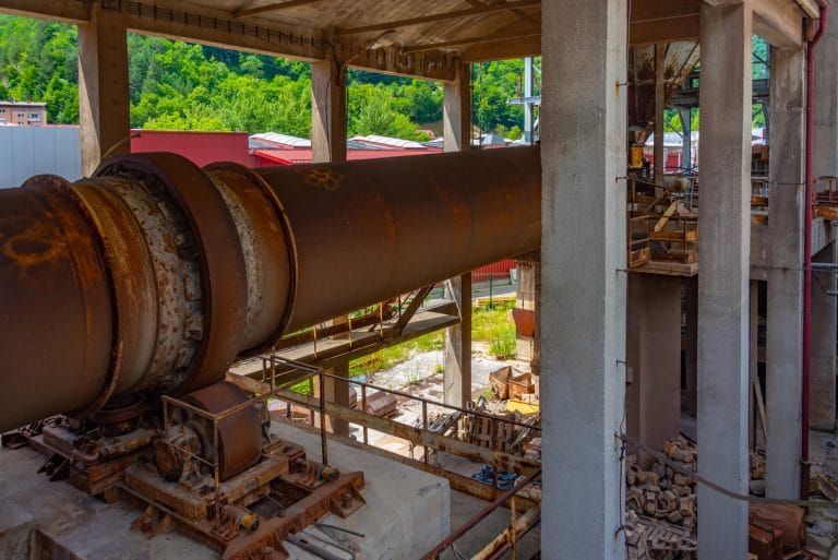 Preserved industrial processing equipment inside the Idrija Mercury Smelting Plant