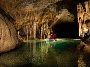 Underground lake and stalactites at Beneški pristan in Križna Jama Cave