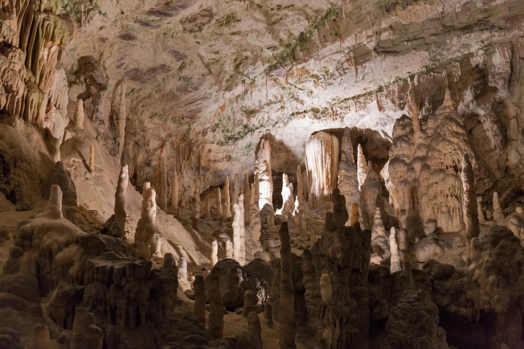Stalactites and rock formations inside Postojna Cave in Slovenia