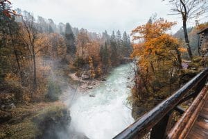Radovna River flowing through Vintgar Gorge surrounded by autumn forest