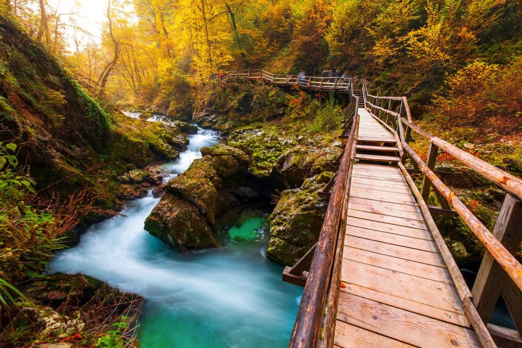 Vintgar Gorge wooden walkway above the turquoise Radovna River in Slovenia