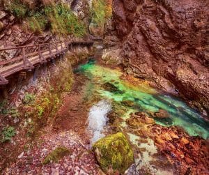 Turquoise Radovna River flowing between rocky walls in Vintgar Gorge, Slovenia