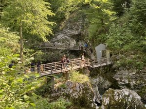 Visitors walking along the wooden trail through Vintgar Gorge near Bled