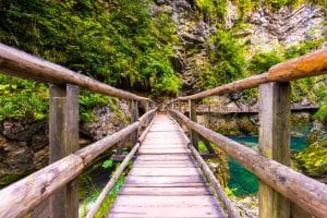Wooden walkway through the forested Vintgar Gorge near Bled, Slovenia