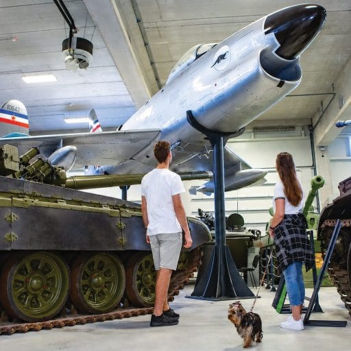 Two visitors with a small dog on a leash standing between armoured vehicles beneath a historic aircraft in the museum hall.