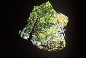 Sunlit forest seen through a jagged natural opening in the rock from inside the dark Pokljuška luknja cave hall in Pokljuka Gorge, Slovenia.