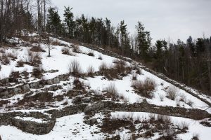 Long Roman defensive wall crossing a snow-covered forest hillside at Ad Pirum.