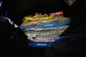 Colored bands and dates are projected across a sediment wall inside Divje Babe Cave.
