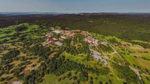 An aerial view shows the Lipica estate, lawns, buildings and surrounding woodland.