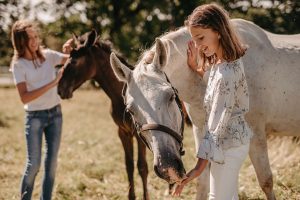 Two visitors pet a white mare and a dark foal in a sunlit pasture.